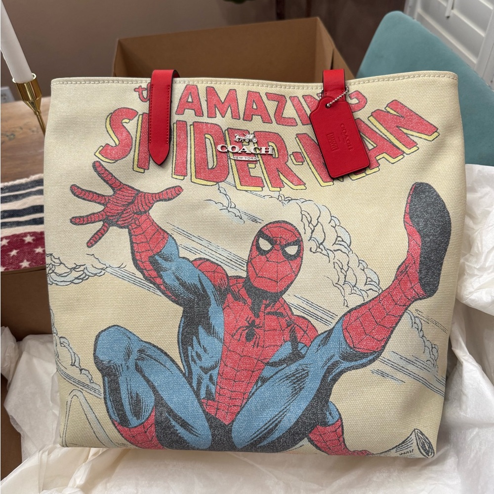 Coach Cream and Red Canvas Tote Bag with Spider-Man Design